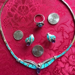 Blue Fire Opal, Amethyst CZ on Sterling Silver Set